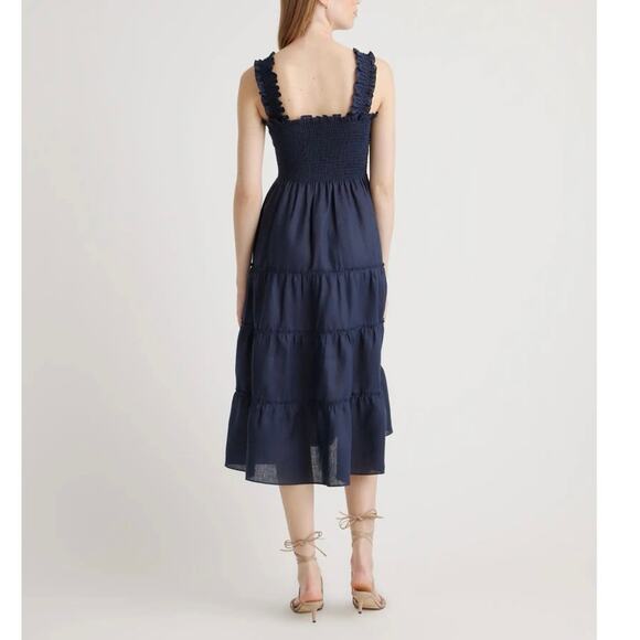 New Quince Women’s Deep Navy Organic Cotton Poplin Smocked Midi Dress XS 4042-80 - Picture 2 of 9